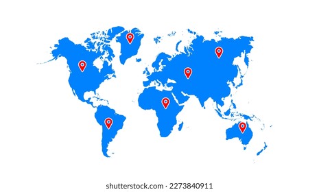 World map with location icon vector illustration. World map template with continents, North and South America, Europe and Asia, Africa and Australia