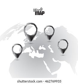 World map with location icons. Concept of route, landmark, adventure, explore. Vector illustration