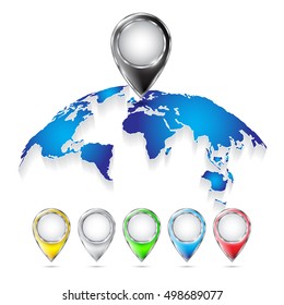 World map with location icons. Concept of route, landmark, adventure, explore. Vector illustration.