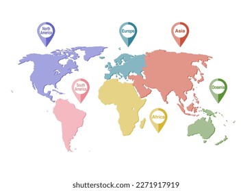 Marca de información de mapas y ubicación mundial. Los seis continentes de la tierra. Ilustración vectorial. Diseño colorido.