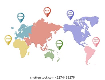 World map and location information mark. The six continents of the earth. Vector illustration. Colorful design.