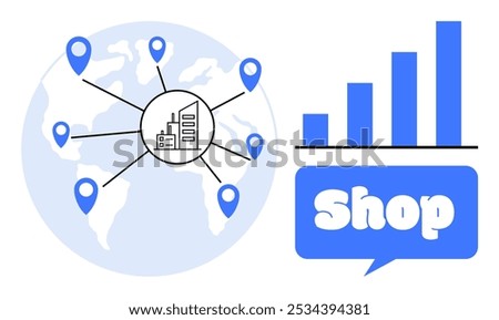 A world map with location markers and a central hub represents global distribution. Next to it, a bar chart and a speech bubble with the word Shop symbolize e-commerce growth. Ideal for global trade