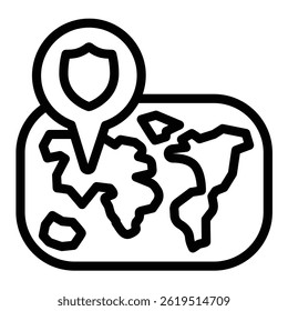 World map and location pin line icon, tropical voyage concept. Vector graphics. Map pin with safety emblem, navigation sign on white background, style mobile or design