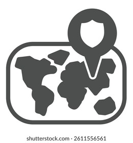 World map and location pin solid icon, tropical voyage concept. Vector graphics. Map pin with safety emblem, navigation sign on white background, glyph style icon for mobile or web design