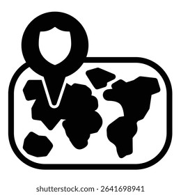 World map and location pin solid icon, tropical voyage concept. Vector graphics. Map pin with safety emblem, navigation sign on white background, style mobile or design