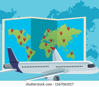 world map with location pins and airplane icon over blue world map background, colorful design , vector illustration