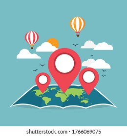World map location pins with balloon and cloud. travel and tourism around the world. isolated on blue sky background. vector illustration in flat style design.