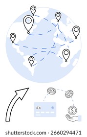 World map with location pins connected by dashed lines, digital payment card, coins, and a hand catching a coin. Ideal for global payments, online transactions, international trade, digital banking