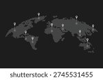 World map with location pins and connection lines representing global logistics and tracking. Flat vector illustration of international shipping, supply chain, and global trade.