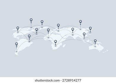 World map with location pins and connection lines representing global logistics and tracking. Flat vector illustration of international shipping, supply chain, and global trade.