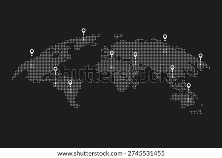 World map with location pins and connection lines representing global logistics and tracking. Flat vector illustration of international shipping, supply chain, and global trade.
