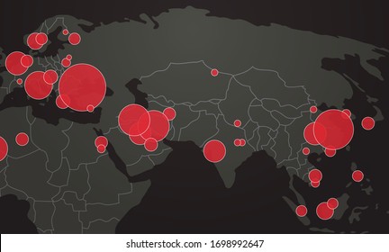 world map with location pins outbreak of coronavirus confirmed cases report worldwide globally infection epidemic MERS-CoV flu spreading floating influenza countries with Covid-19 horizontal vector