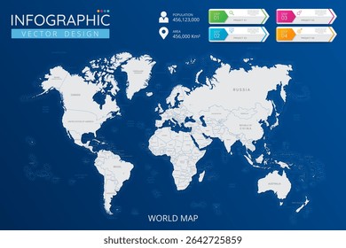 World Map with location pointer marks. High detailed country map with division, cities and capital infographic template. Vector illustration EPS10