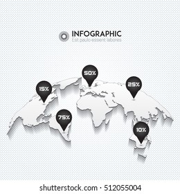 World map with location points. Concept of route, landmark, adventure, explore, infographics. Vector illustration 