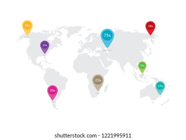 World map with location symbols. Business infographic design, travel, workflow, percentage, presentation elements. Vector illustration