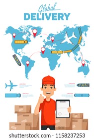 World map with logistic network distribution on background. Logistic and transport concept fast or instant shipping, Online goods orders Vector illustration