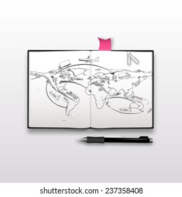 World map and logistics sketch on notebook, realistic illustration.