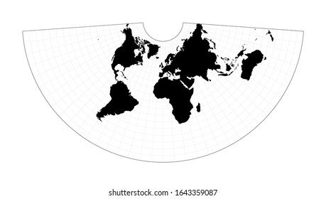 World map with longitude lines. Conic equidistant projection. Plain world geographical map with graticule lines. Vector illustration.