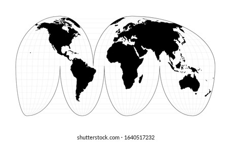 World map with longitude lines. Goode's interrupted Mollweide projection. Plan world geographical map with graticlue lines. Vector illustration.