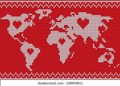 World map lovely knitting style, vector handmade illustration
