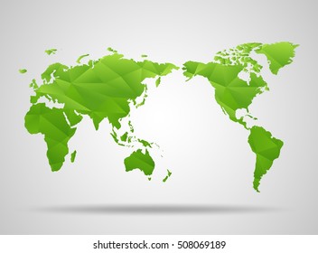World map. Low poly design. green origami planet. Vector illustration