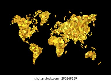 world map the low poly high-precision polygonal gold on a black background