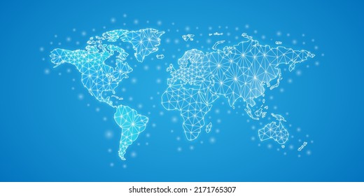World Map low poly symbol with white connected dots. 3d geometric polygonal Earth planet. Geography, travel, cartography design vector illustration.