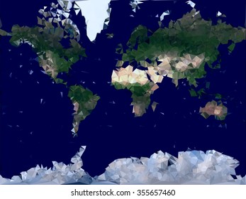 World  map. Low poly vector illustration. Modern color  physical global map for geographic design. Green with brown continents (America, Eurasia, Australia, Africa). Antarctica in the south of map. 