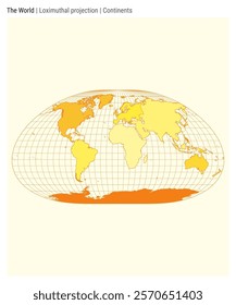 World Map. Loximuthal projection. Continents style. High Detail World map for infographics, education, reports, presentations. Vector illustration.