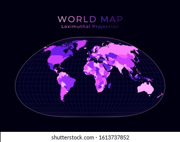 World map in loximuthal projection. Digital world illustration featuring bright pink neon colors on a dark background. Superb vector illustration.