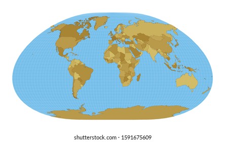 World map. Loximuthal projection. Map of the world with meridians on blue background. Vector illustration.