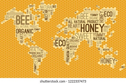 The world map made of bee comb, organic honey product design element