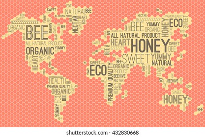 The world map made of bee comb, organic honey product design element