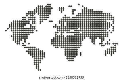 World map made of black dots. Abstract global shape in pixel style for international, tech, or geography-related design. Vector background.