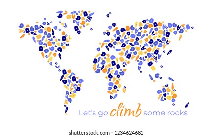 World map made up of climbing grips. Poster or t-shirt design. Color vector illustration.