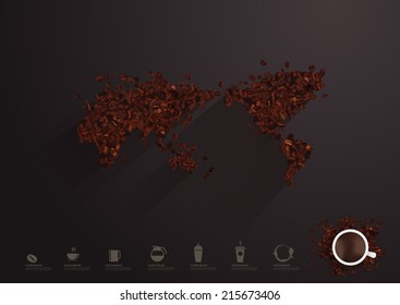 World map made with coffee beans - a world of coffee, Vector illustration template design