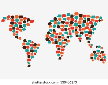 World Map Made Of Colorful Speech Bubbles. Translating, Language Interpreter And Communication Vector Concept Illustration