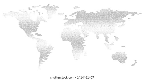 World map made of countries names. Worlmap with text pattern for travel articles and prints