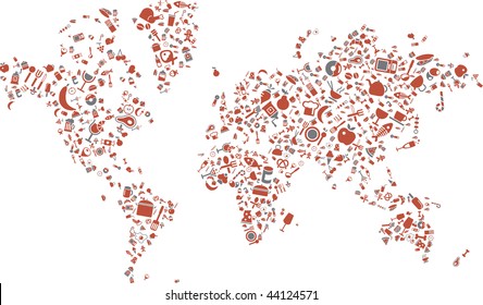 A world map made of food items