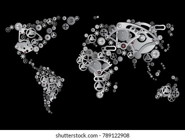 A World map made of gears. Abstract world map made of machine gear mechanism illustration. world map with gears, Vector illustration.