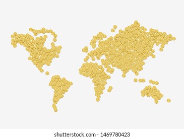 World map made with golden coins with dollar sign.