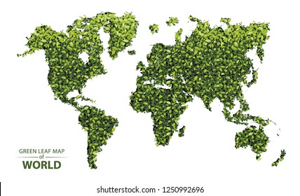 World map made up of green leaf on white background vector  illustration of a forest is conceptual of the global green environmental issues worldwide