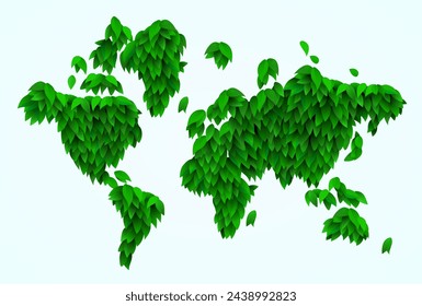 Mapa del mundo hecho de hojas o hierba. Medio ambiente y concepto ecológico. Ilustración de vector