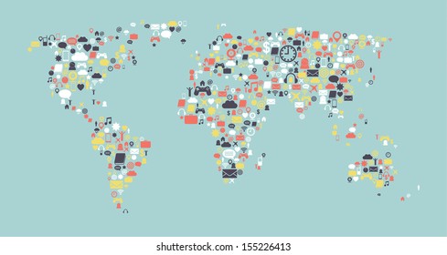 World map made of media icons. Globalization and internet concept. Vector image.