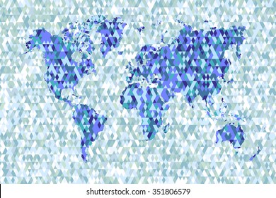 A world map made of mosaic-like facets in blue and green tones, resembling crystal reflections on a light blue and white background.