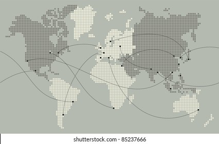 World map made out of small squares. Main cities are marked and connected with lines