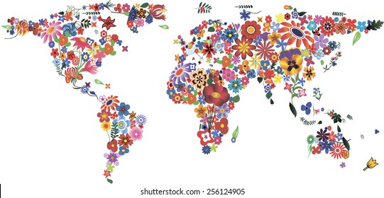 World map made of plenty colorful flowers