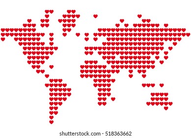 World map made red hearts. Love to the planet. Vector illustration.