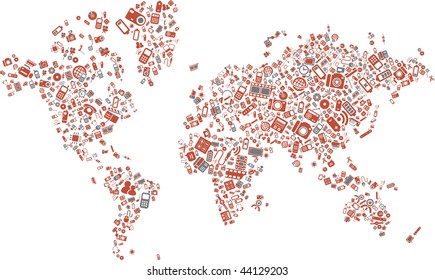 A world map made of technology items