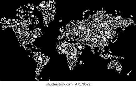 A world map made of technology items